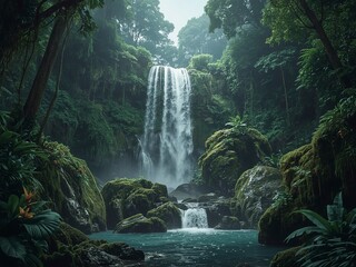 Lush green rainforest surrounds a majestic waterfall cascading into a serene pool, creating a calming scene