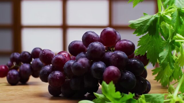 Close-up of a bunch of red grapes with water droplets, next to fresh celery leaves on a light-colored wooden surface, against a backdrop of Japanese-style room dividers