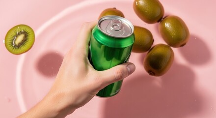 A hand holds a green can, surrounded by levitating kiwis against a pink backdrop.