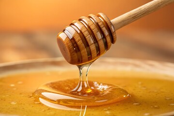 Golden honey dripping from a wooden dipper into a small dish on a rustic wooden background during warm sunset lighting