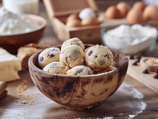 Fototapeta premium A rustic wooden bowl holds scoops of chocolate chip cookie dough, dusted with flour. Surrounded by baking ingredients like eggs and butter, the scene captures the cozy process of making homemade treat