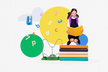 Poster trend sketch template 3D collage of young girl school uniform jump pile book letters numbers...