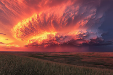 Dramatic Supercell Thunderstorm Illuminated By Fiery Sunset: Massive Spiral Cloud Formation Over Vast Rural Landscape With Intense Colors And Powerful Atmospheric Phenomenon
