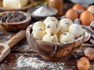 Fototapeta premium A rustic wooden bowl holds scoops of chocolate chip cookie dough, dusted with flour. Surrounded by baking ingredients like eggs and butter, the scene captures the cozy process of making homemade treat