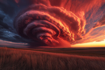 Dramatic Supercell Thunderstorm Illuminated By Fiery Sunset: Massive Spiral Cloud Formation Over Vast Rural Landscape With Intense Colors And Powerful Atmospheric Phenomenon
