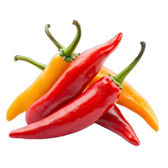 Three vibrant chili peppers, two red and one yellow, arranged in a visually appealing cluster, showcasing their glossy skins and verdant stems against a black background