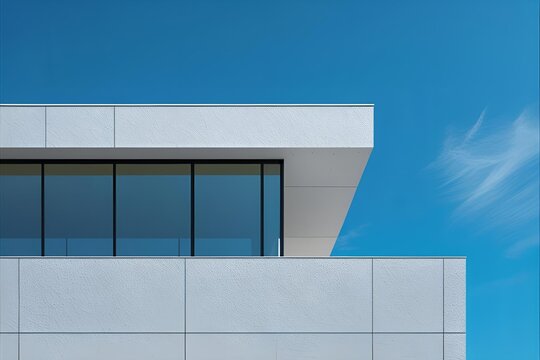 Minimalist architectural detail showcasing a modern structure with a textured facade against a vibrant blue sky. The design reflects simplicity and contemporary aesthetics.