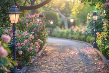 A magical garden path is lined with blooming pink roses and vintage street lamps. Warm, golden sunlight filters through the trees, creating a serene and romantic atmosphere with scattered petals