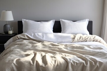 A bed with two white pillows and a white comforter