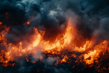 Fiery Molten Lava Flowing Through Cracked Earth: Intense Natural Scene Of Glowing Magma Surrounded By Dark Smoke And Volcanic Ash Under Dramatic Sky