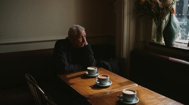 Poignant scene of a lonely senior man at a cafe with two cups, symbolizing loss, memory, and grief. A thoughtful widower remembering his late wife or waiting for a companion.

