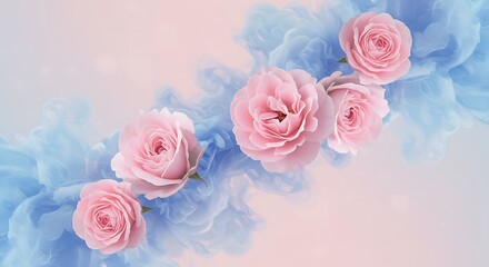 Dreamy floral background featuring pastel pink flowers enveloped in blue smoke, digital art with soft textures and vivid colors, perfect for posters, flyers, banners, or elegant graphic design