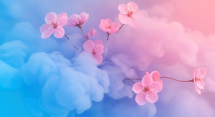 Dreamy floral background featuring pastel pink flowers enveloped in blue smoke, digital art with soft textures and vivid colors, perfect for posters, flyers, banners, or elegant graphic design