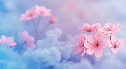 Dreamy floral background featuring pastel pink flowers enveloped in blue smoke, digital art with soft textures and vivid colors, perfect for posters, flyers, banners, or elegant graphic design