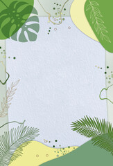 Tropical plants background template in green-yellow colors with paper sheet. Greeting , invitation , presentation concept . Free copy space.