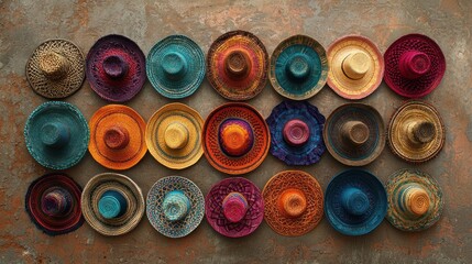 Colorful straw hats arranged in a grid pattern.  Many vibrant hues.  Flatlay on a textured surface