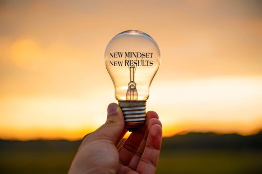 Hand holding light bulb with the text new mindset in front of the bright sun.
