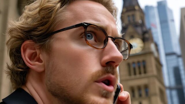 Man in glasses talking on the phone in an urban setting with buildings and clock tower in the background