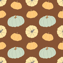 Seamless autumn pattern with colorful pumpkins and squash on a brown background. Vector harvest vegetable ornament for fall decor, wrapping paper, fabric, and seasonal design.