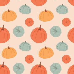 Pumpkin-themed seamless pattern in warm fall colors on a pastel beige light background. Vector illustration for harvest season, thanksgiving decor, wrapping paper, and kitchen fabric.