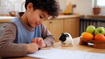 Child doing homework with a guinea pig - Powered by Adobe