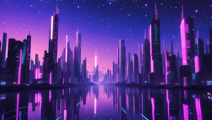 Futuristic Neon Cityscape Skyline at Night with Reflection