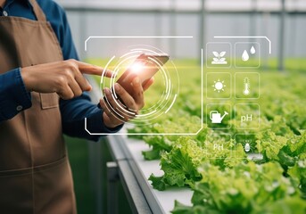 Person using smartphone in greenhouse with digital farming interface agriculture technology