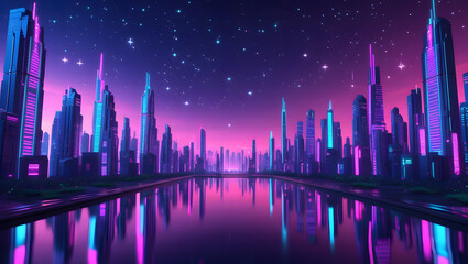 Futuristic Neon Cityscape Skyline at Night with Reflection