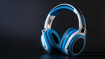 Modern blue wireless headphones with metallic accents positioned on dark surface showcasing sleek audio technology design