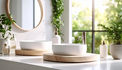 Fototapeta premium Cosmetic or product display stand for bathroom interior.