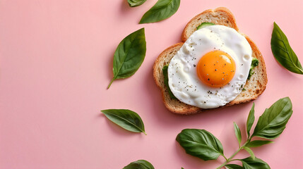 Heart shaped fried egg on toast surrounded by fresh green basil leaves against soft pink background creating romantic breakfast concept with blank copy space