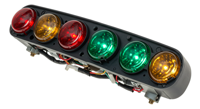 Close-up view of a multi-colored signal light array, designed for various applications.