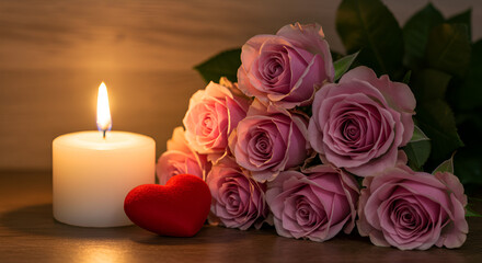 Romantic Still Life with Pink Roses, Candlelight, and a Heart for Valentine's Day