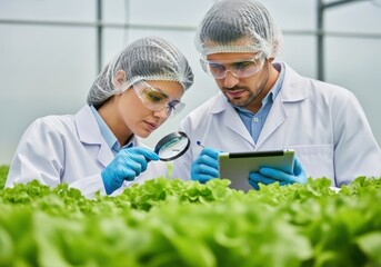 Two scientists in lab coats examine plants in a greenhouse woman laboratory