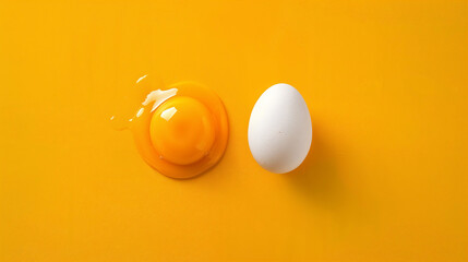 White raw egg next to a cracked egg with a vibrant yolk and clear albumen, both centered on a bright yellow background, representing freshness, cooking, and ingredients.