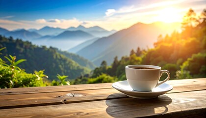 Scenic coffee cup at dawn