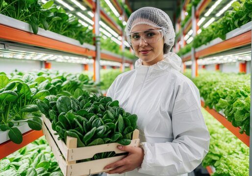 Woman in white protective suit holds crate of fresh spinach in vertical farm hazmat