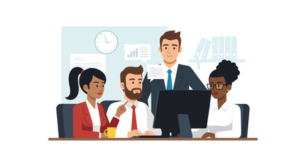 A diverse team of business professionals collaborates around a computer in a modern office setting, showcasing teamwork and corporate strategy.
