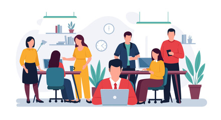 A diverse team of young professionals collaborates in a vibrant and modern office space, working together on laptops and engaging in casual discussions, showcasing a dynamic and productive work