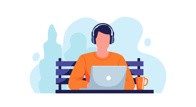 A modern flat design illustration depicts a person wearing headphones and working on a laptop while sitting comfortably on a park bench.