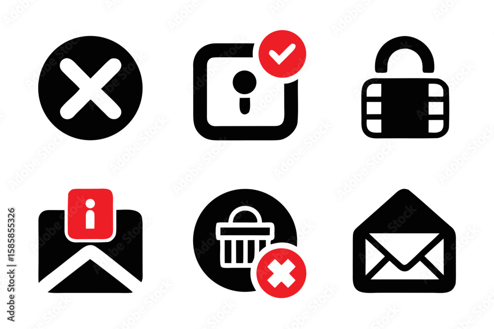 Fototapete Collection of Black and Red Notification Icons Representing Different Actions and Alerts for User Interface Design and Website Development on a White Background