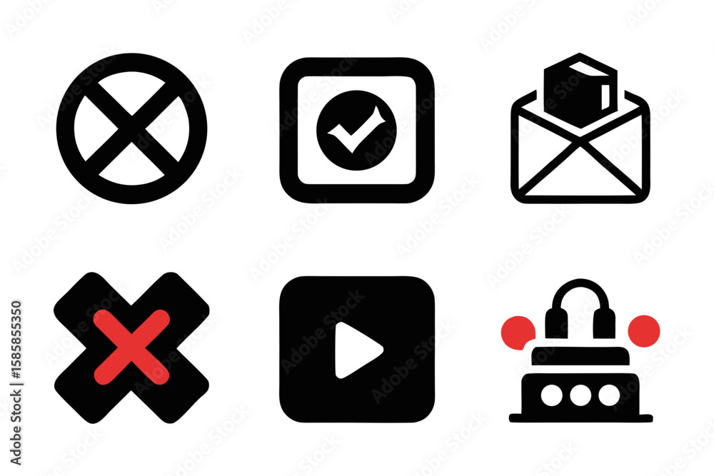 Poster collection of diverse vector icons representing various actions and functionalities including prohib