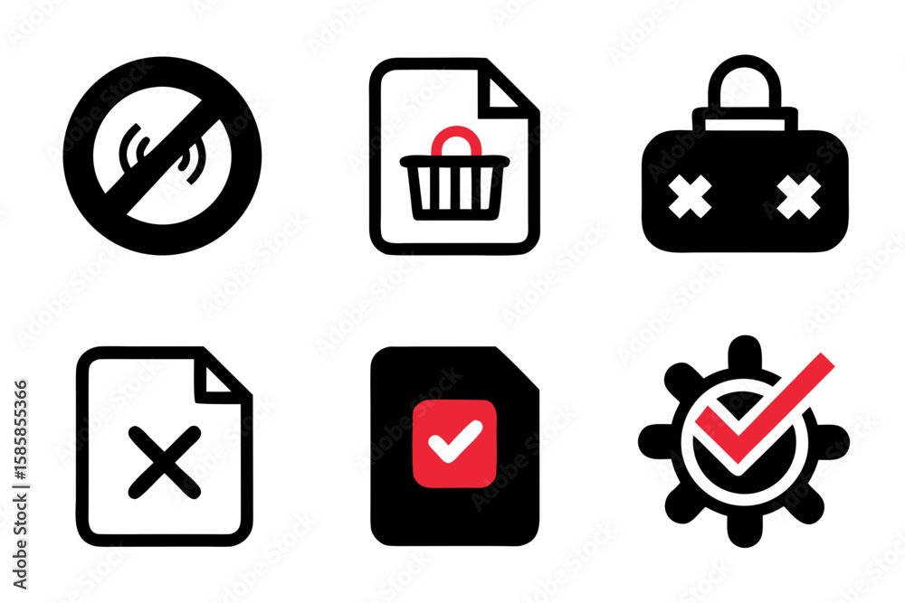 Poster set of black and red icons representing different actions and states including forbidden shopping se