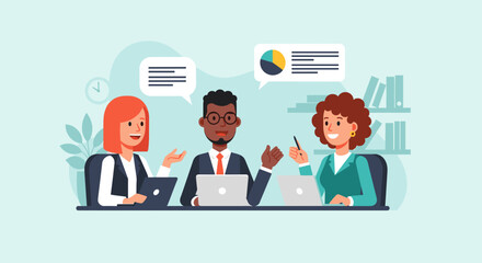 A diverse team of business professionals collaborates during an important office meeting, discussing data and strategy with laptops.