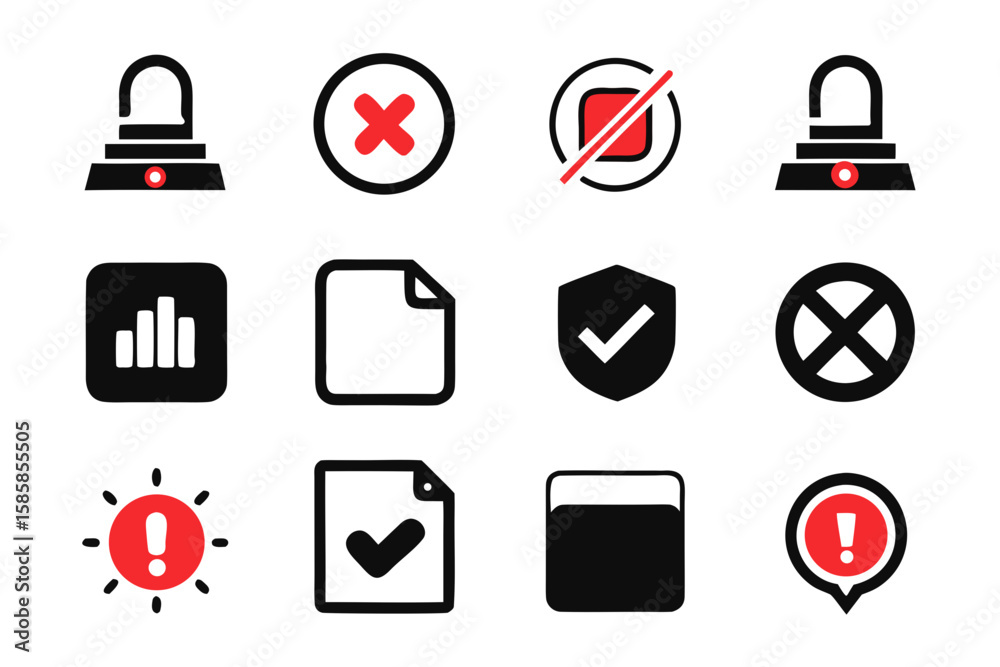 Poster collection of black and red alert and notification icons including security error warning and confir