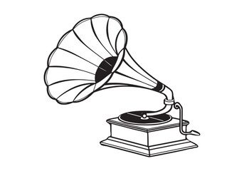 Vintage Gramophone Illustration Black and White Line Art