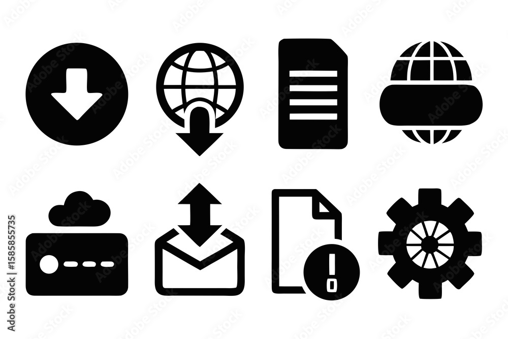 Poster collection of black and white vector icons representing various computer and internet functions incl