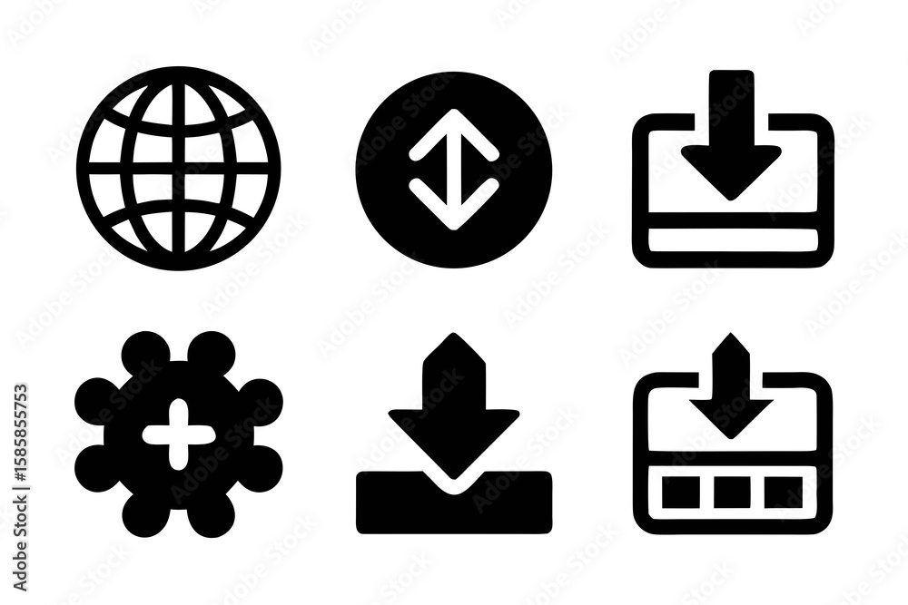 Fototapete Collection of Black and White Vector Icons Representing Globe Upload Download and Add Functions for Use in Web Design and Mobile App Development Projects