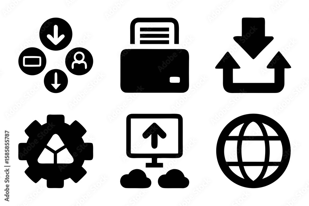 Poster collection of black and white silhouette icons representing various digital and technological concep