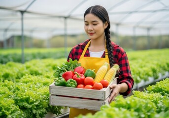 Young Asian Woman Farmer Holding Crate of Fresh Vegetables in Greenhouse agriculture
